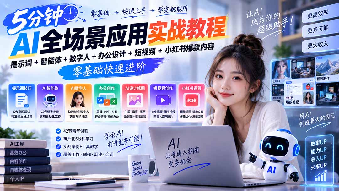 AI全场景应用实战教程｜提示词+智能体+数字人+办公设计+短视频+小红书爆款内容，零基础快速进阶-聚业