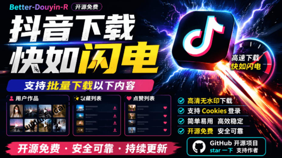 超级好用！抖音视频下载神器，支持批量下载用户作品收藏列表和点赞列表，开源完全免费Better-douyin-R-聚业