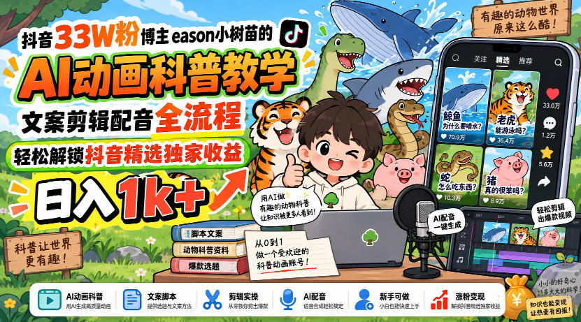 抖音33W粉博主eason小树苗的AI动画科普教学，文案剪辑配音全流程，轻松解锁抖音精选独家收益，日入1k+-聚业