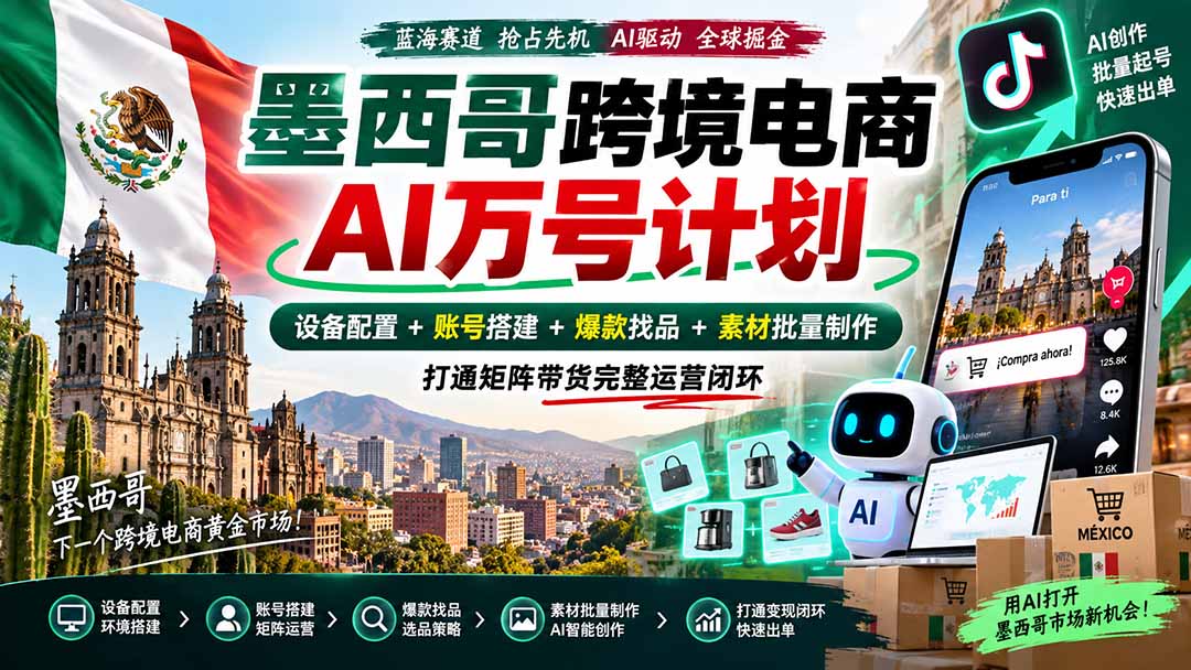 墨西哥AI跨境电商万号计划｜设备配置+账号搭建+爆款找品+素材批量制作，打通矩阵带货完整运营闭环-聚业