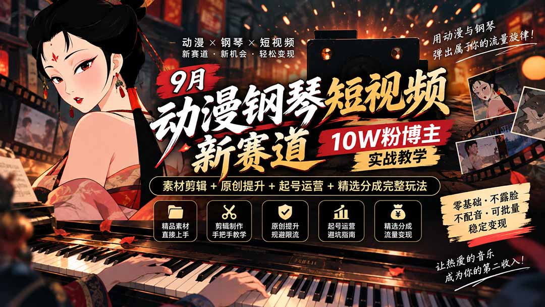 9月动漫钢琴短视频新赛道｜10W粉博主实战教学，素材剪辑+原创提升+起号运营+精选分成完整玩法-聚业