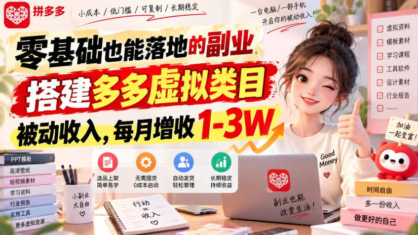 零基础也能落地的副业，搭建多多虚拟类目被动收入，每月增收1-3W【揭秘】-聚业