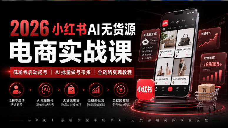2026小红书AI无货源电商实战课｜低粉零启动起号｜AI批量做号带货全链路变现教程-聚业