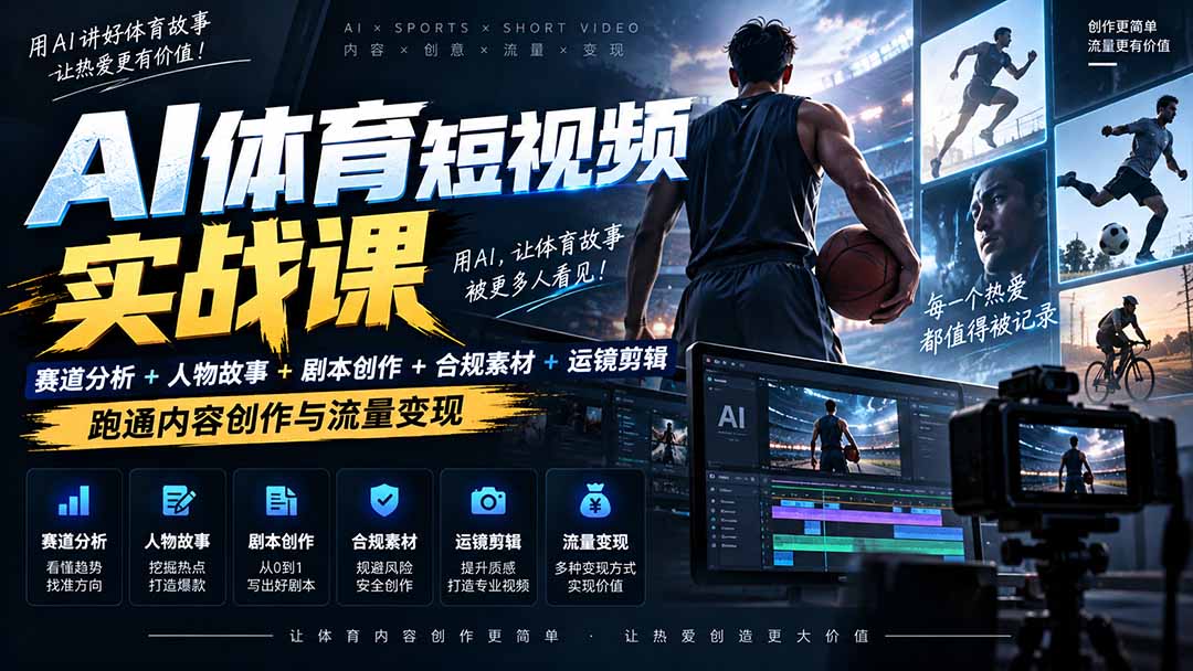 AI体育短视频赛道顶级玩法｜赛道分析+人物故事+剧本创作+版权处理+运镜剪辑，跑通流量变现-日赚1K+-聚业