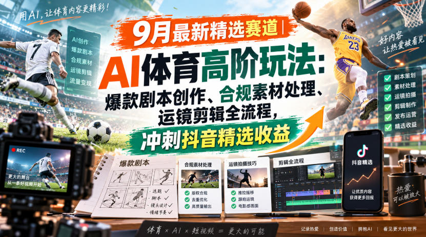 某大佬的9月最新精选赛道之AI体育顶级玩法，爆款剧本创作、版权规避、运镜剪辑全流程，稳拿抖音精选收益-聚业