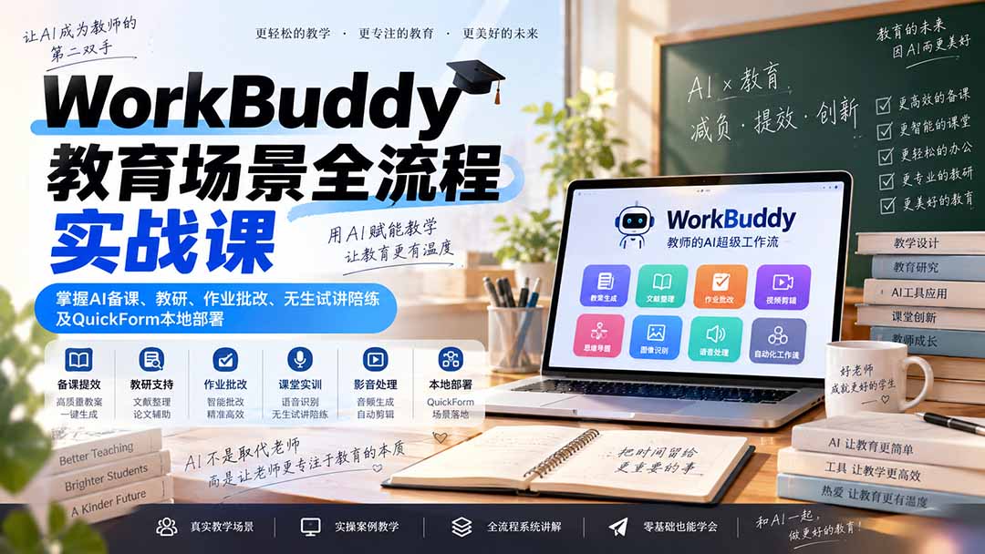 WorkBuddy教育场景全流程实战课：掌握AI备课、教研、作业批改、无生试讲陪练及QuickForm本地部署-聚业