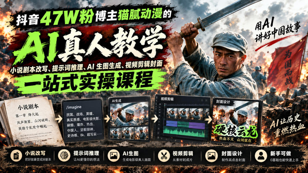 抖音47W粉博主猫腻动漫的AI真人漫剧教学，小说剧本改写、提示词推理、AI生图生成、视频剪辑封面一站式实操课程-聚业