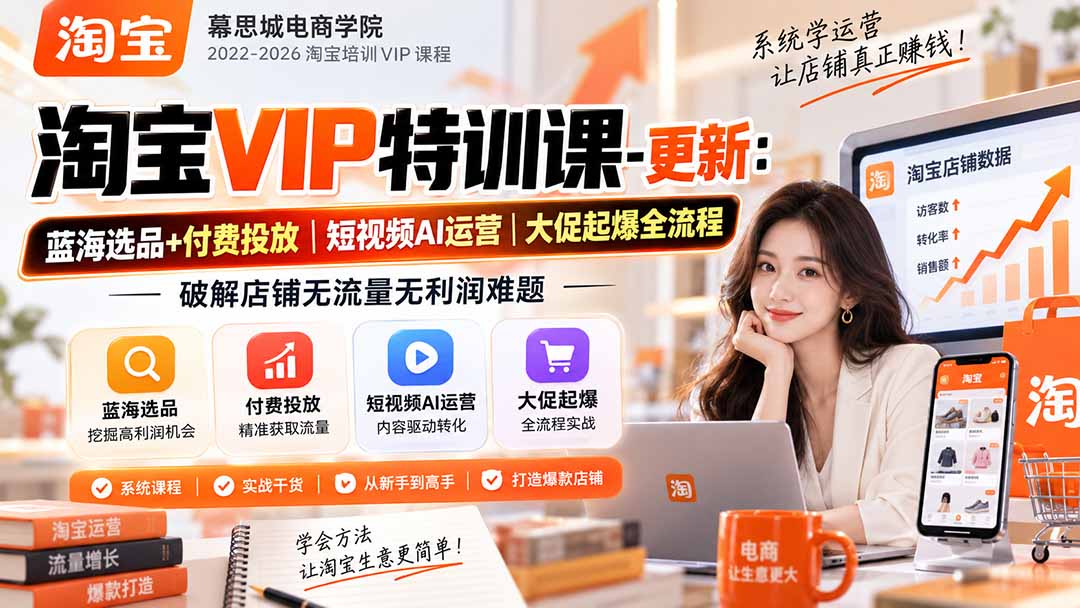淘宝VIP特训课-更新0917：蓝海选品+付费投放｜短视频AI运营｜大促起爆全流程，破解店铺无流量无利润难题-聚业