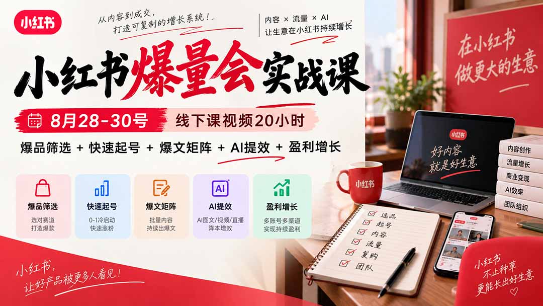 小红书爆量会实战课-更新9月17：线下课视频20小时，爆品筛选+快速起号+爆文矩阵+AI提效+盈利增长-聚业