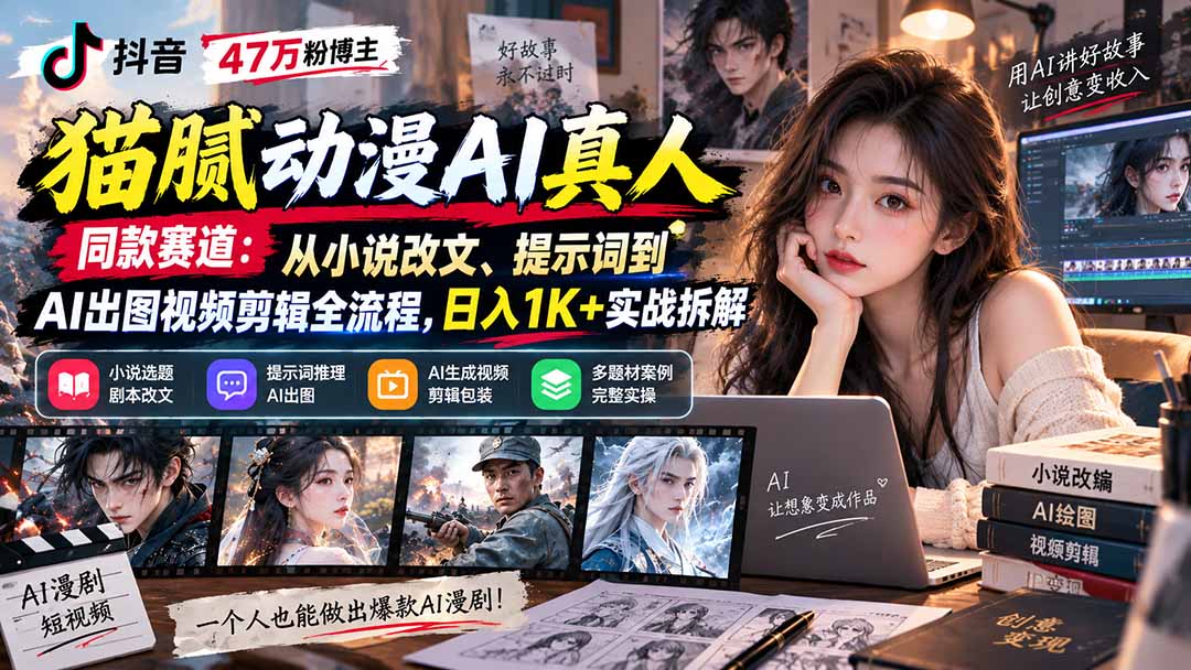 抖音47万粉博主猫腻动漫AI真人同款赛道：从小说改文、提示词到AI出图视频剪辑全流程，日入1K+实战拆解-聚业