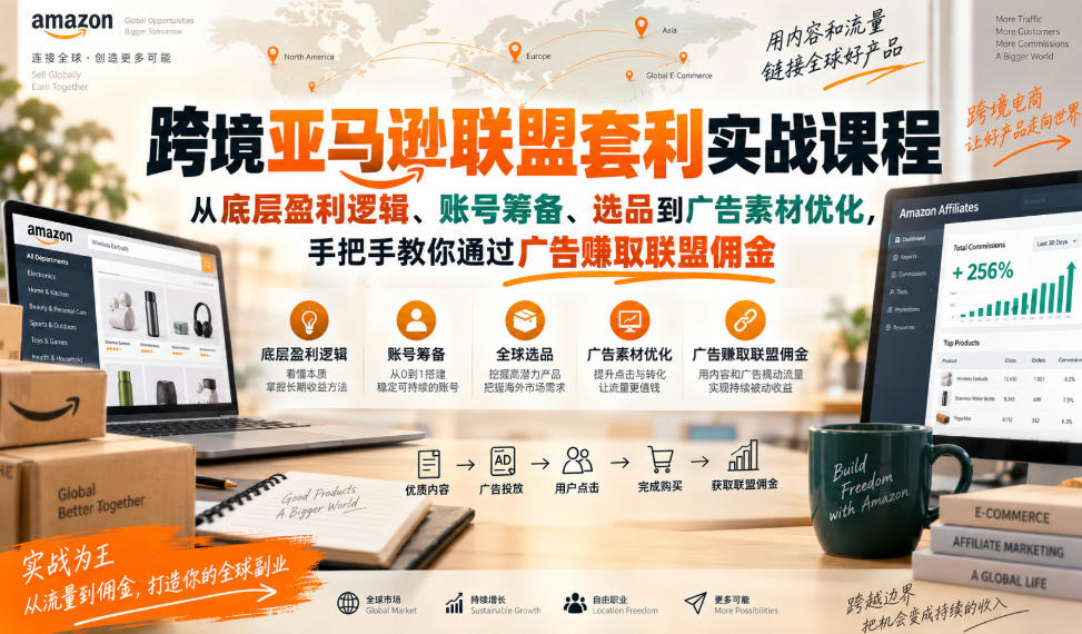 跨境亚马逊联盟套利实战课程，从底层盈利逻辑、账号筹备、选品到广告素材优化，手把手教你通过广告賺取联盟佣金-聚业